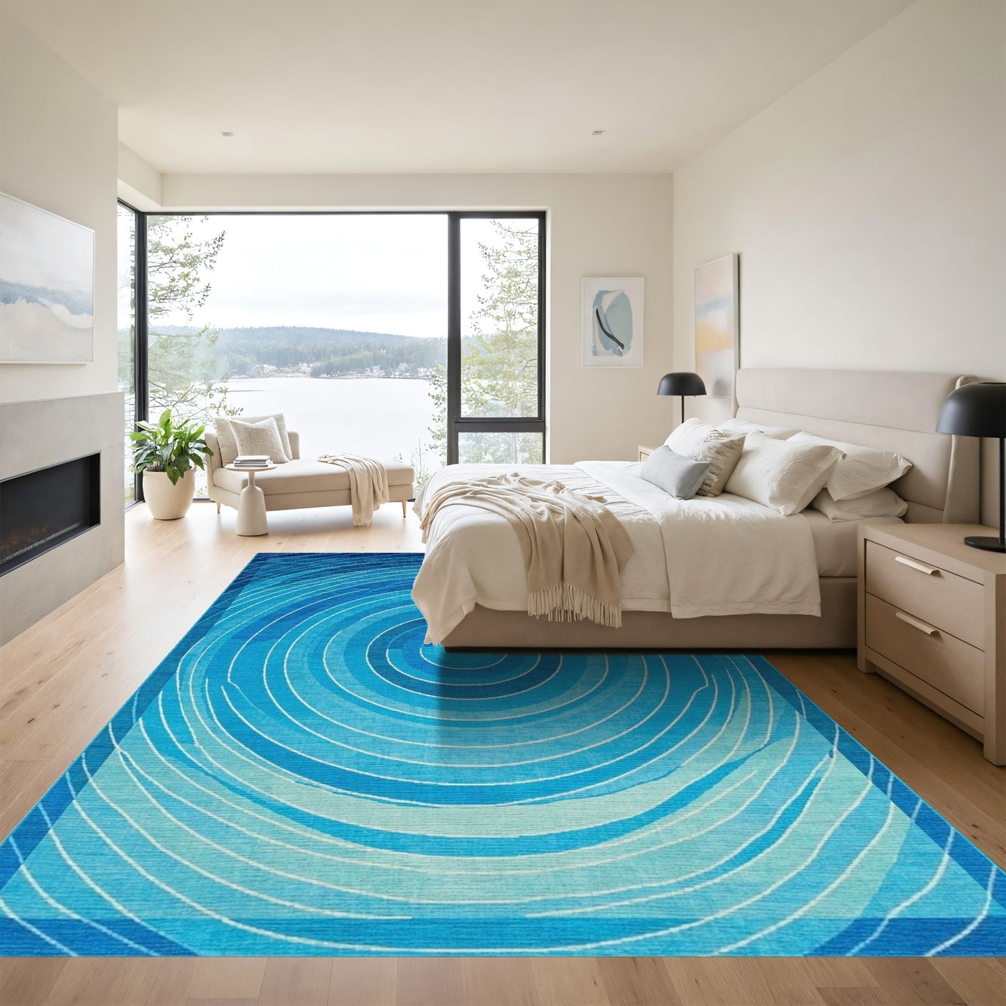 Blue Concentric Circles Abstract Rug