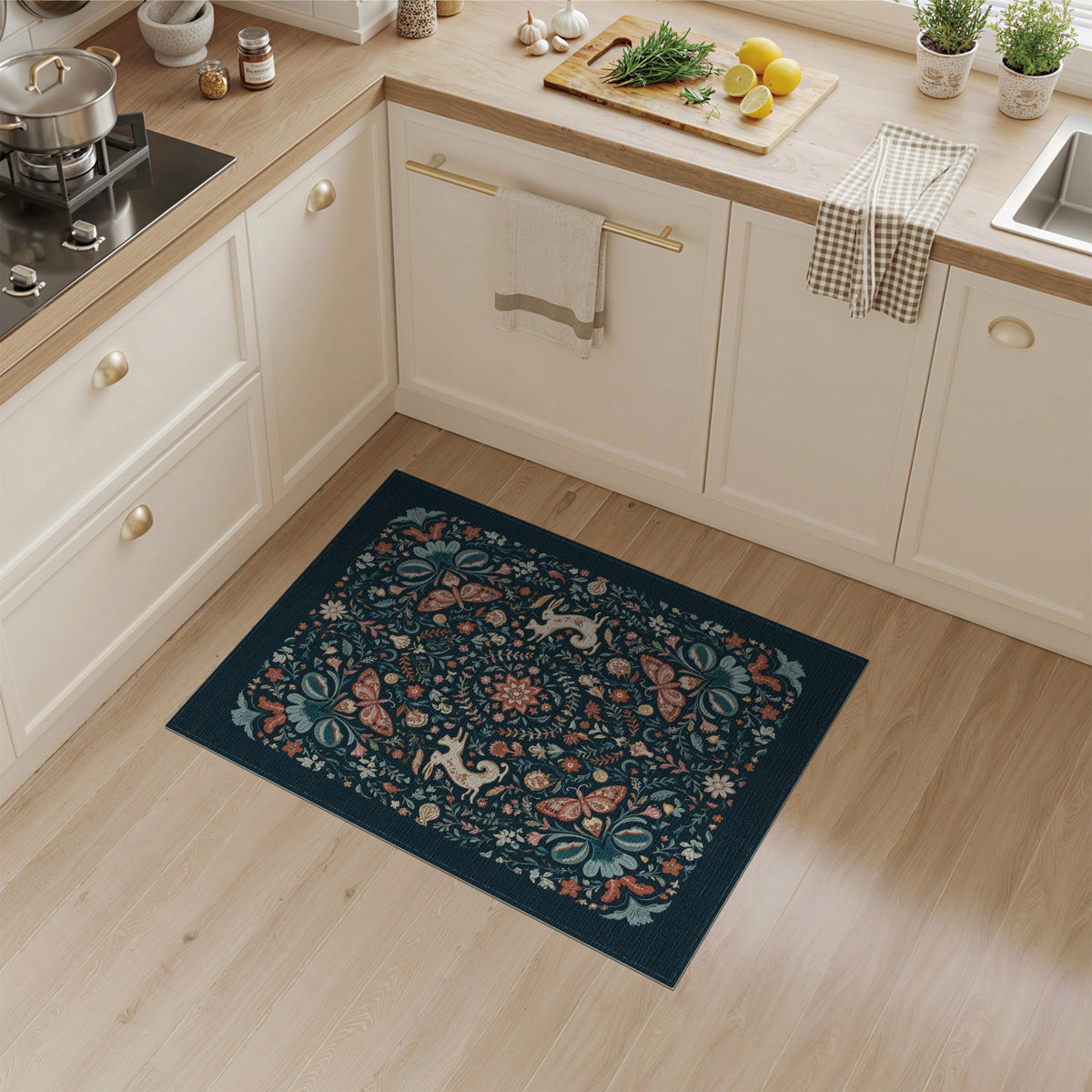 Vintage Floral Rabbit Area Rug
