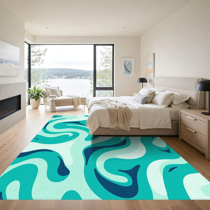 Teal Fluid Swirl Wave Rug