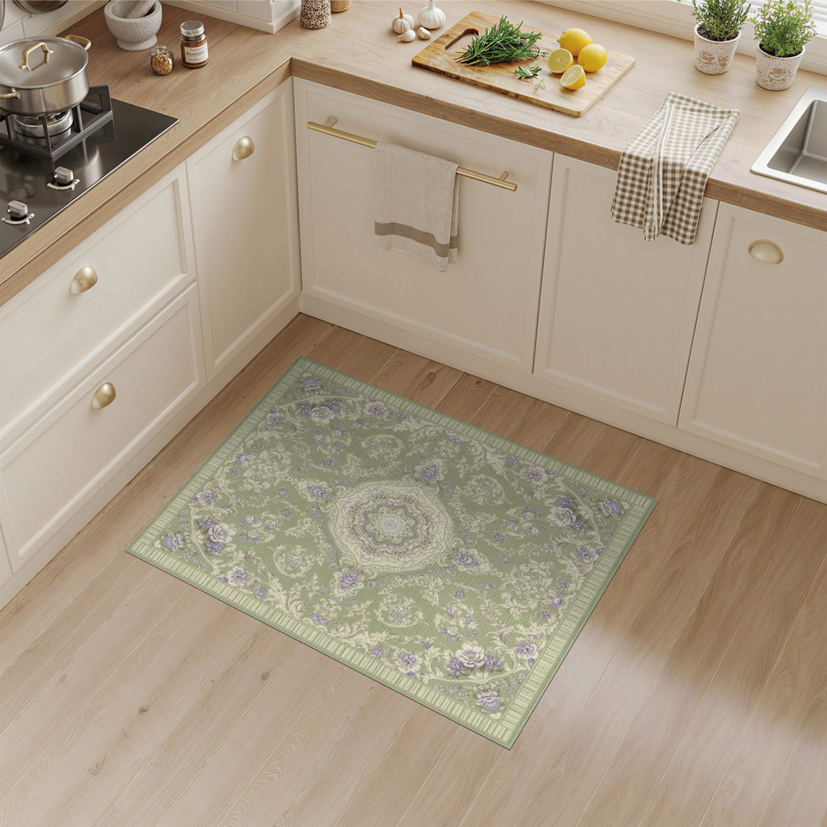 Sage Green Floral Vintage Area Rug