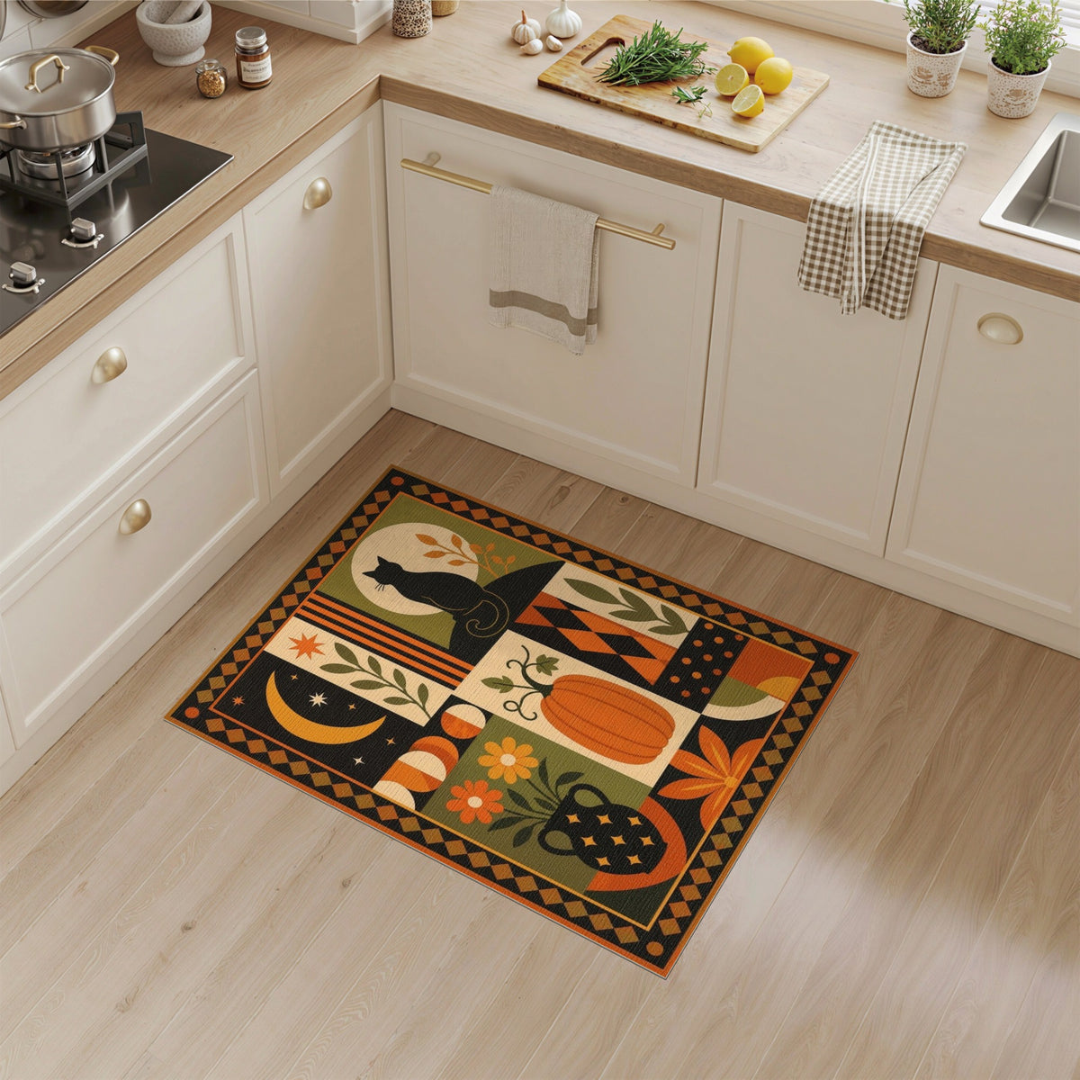 Multi-color and Patterns Black Cat Pumpkin Geometric Area Rug