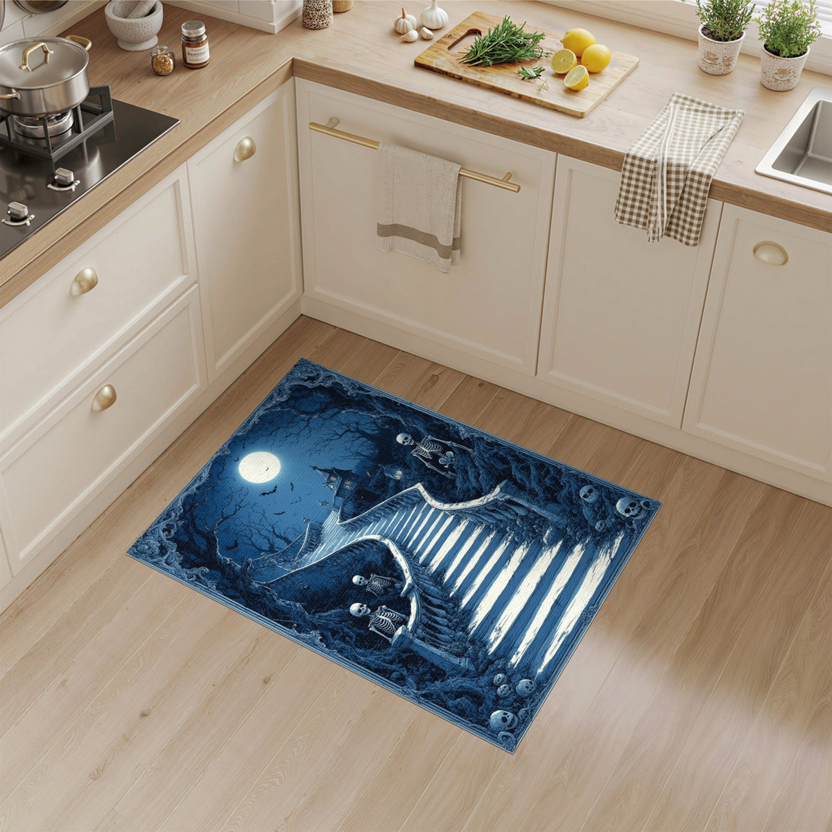Haunted Moonlit Skeleton Staircase Washable Area Rug