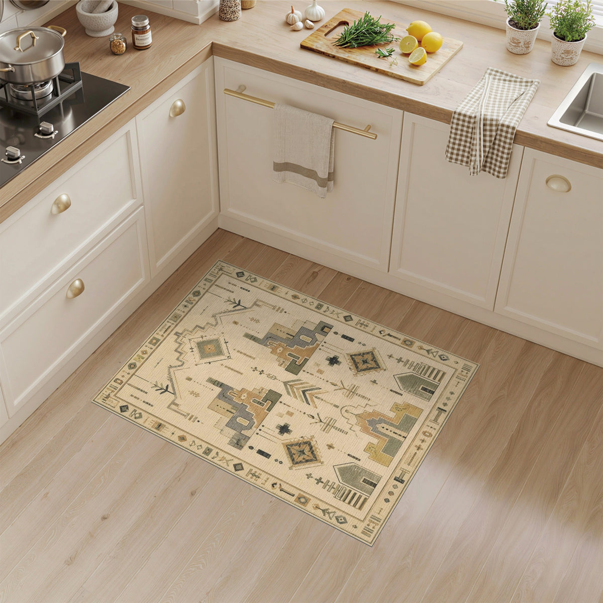 Beige Geometric Area Rug with Tribal Motifs