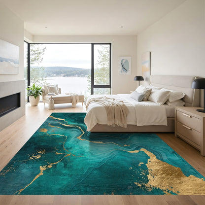 Teal Gold Marble Swirl Rug