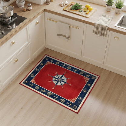 Red Nautical Compass Area Rug with Anchors
