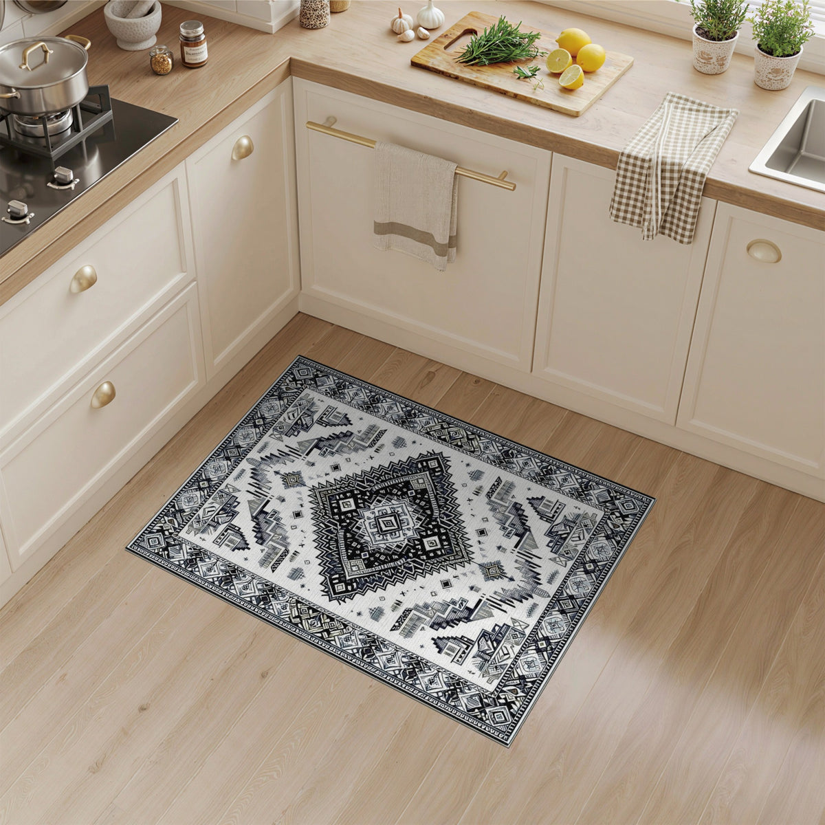 Black White Heritage Tribal Area Rug