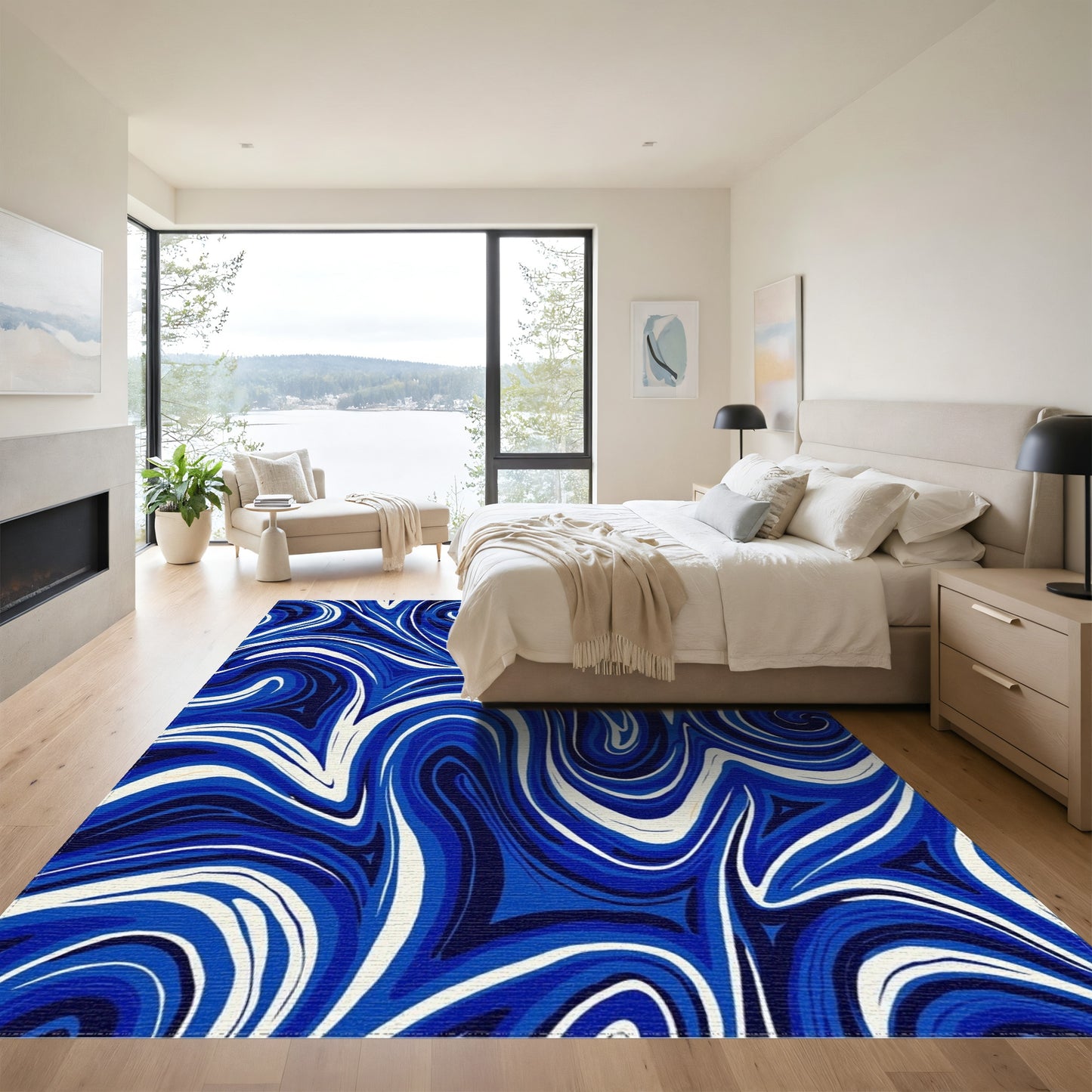 Navy White Swirling Waves Rug