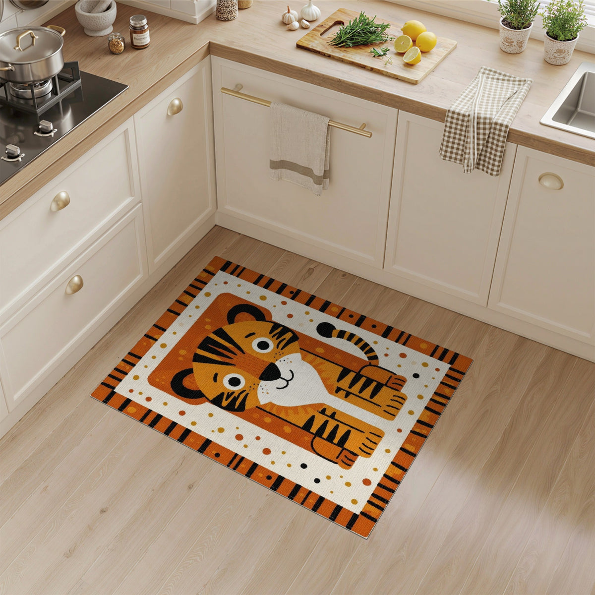 Orange Tiger Cub Kids Cartoon Area Rug