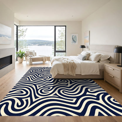 Navy Cream Swirling Waves Rug