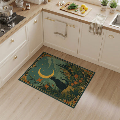 Moonlit Black Cat Floral Vintage Rug