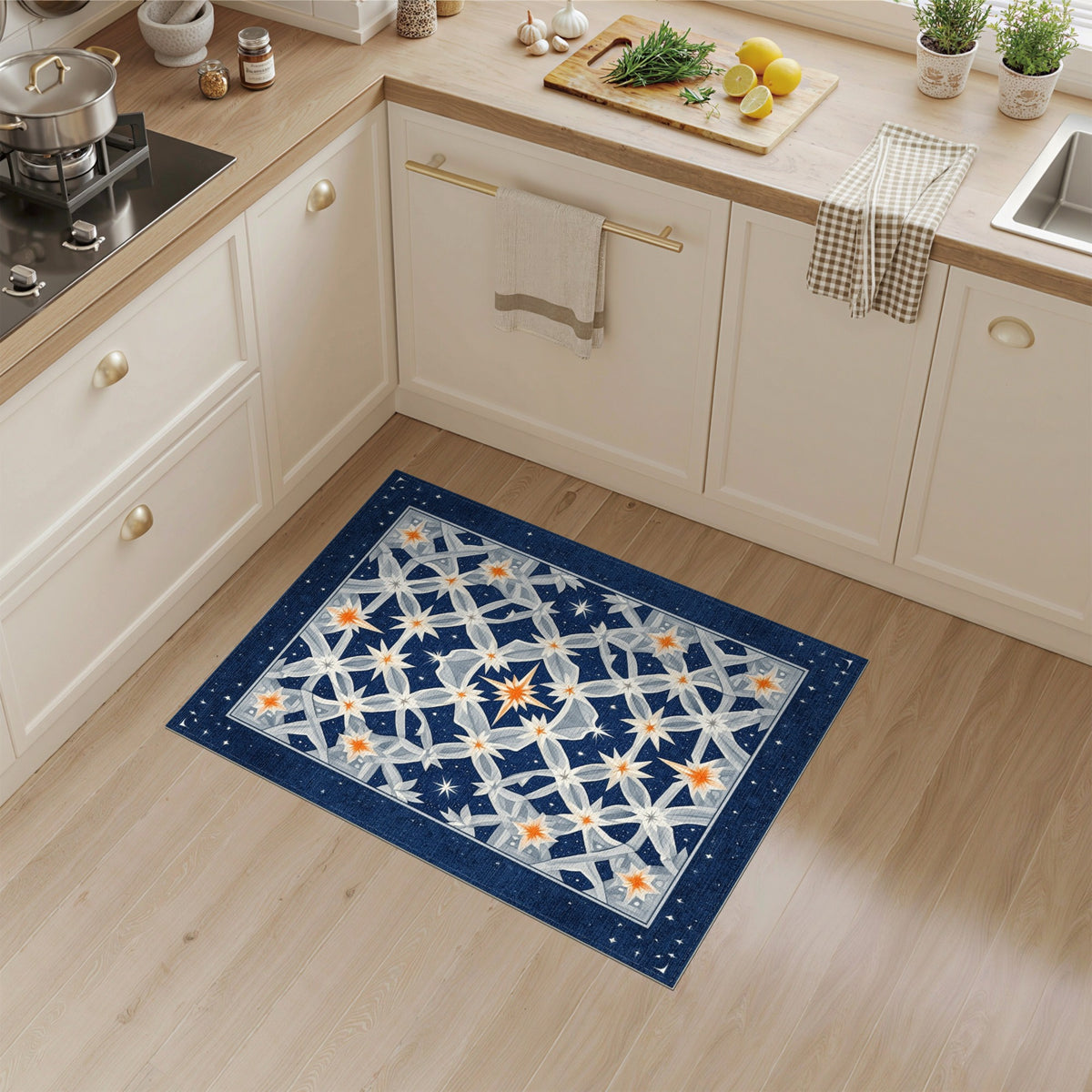 Navy Blue Star Lattice Geometric Area Rug