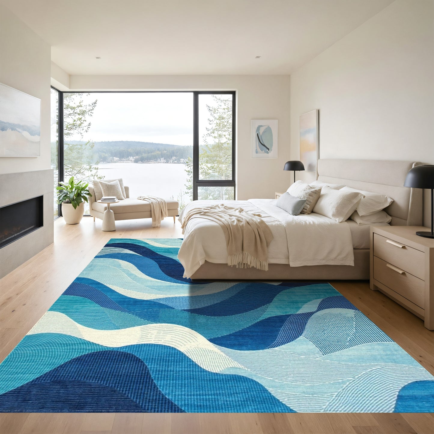 Navy Teal Fluid Waves Rug