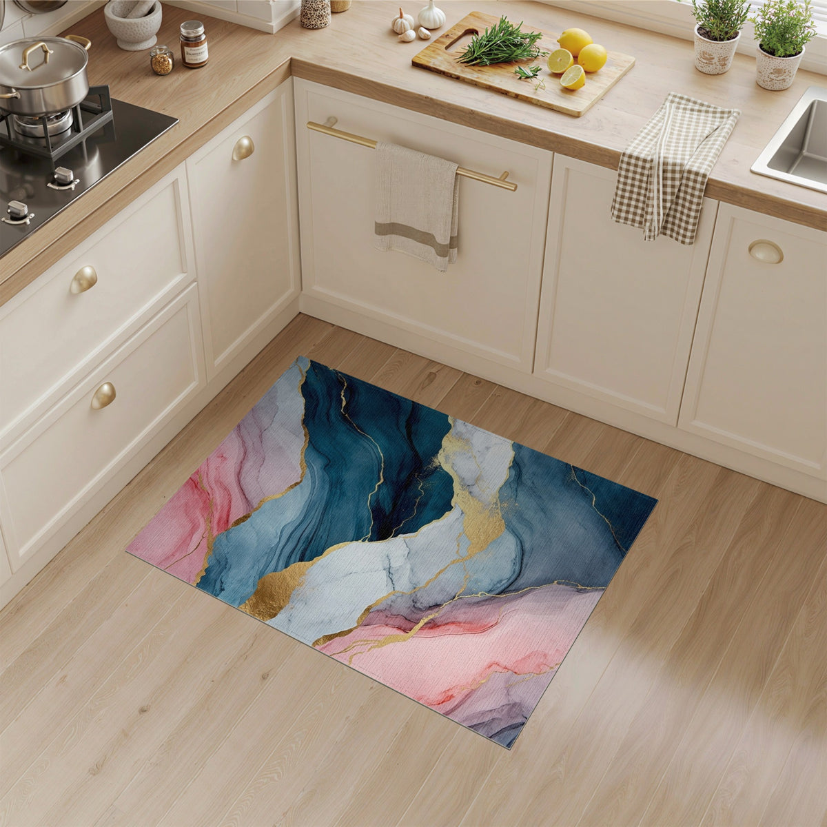Pink Blue Abstract Marble Washable Area Rug