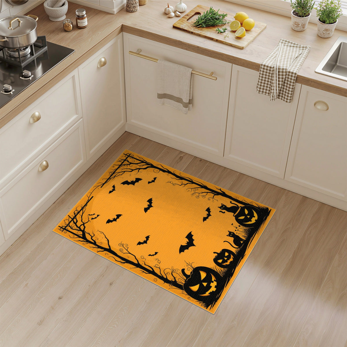 Spooky Orange Halloween Pumpkins Bats Area Rug
