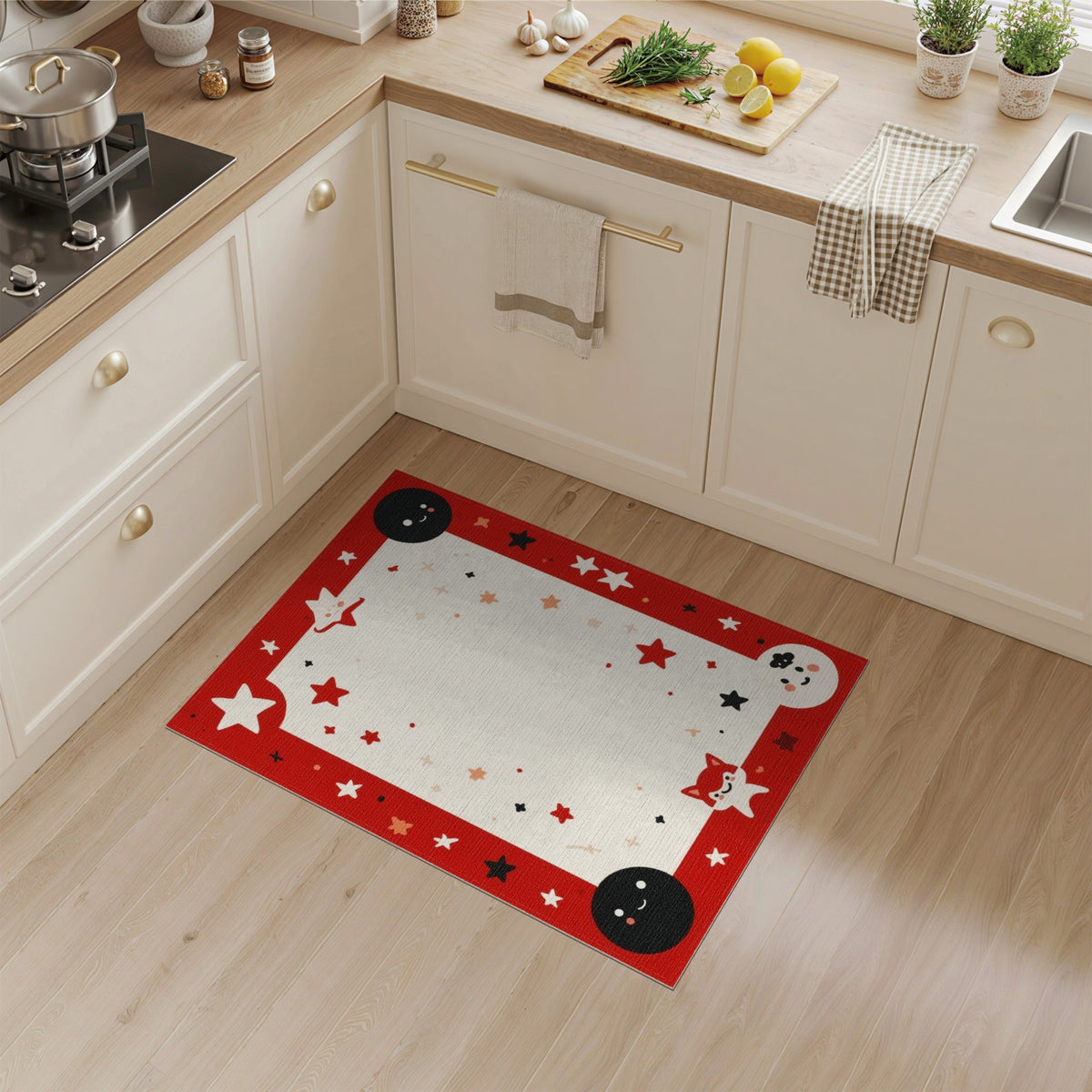 Red Cartoon Fox Stars Kids Area Rug