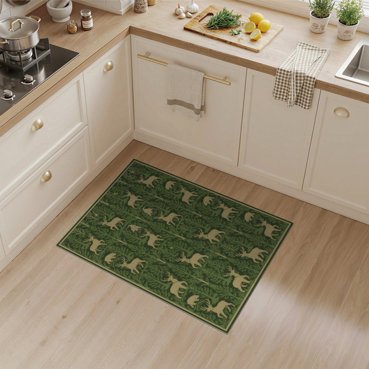 Green Forest Deer Bear Rustic Area Rug