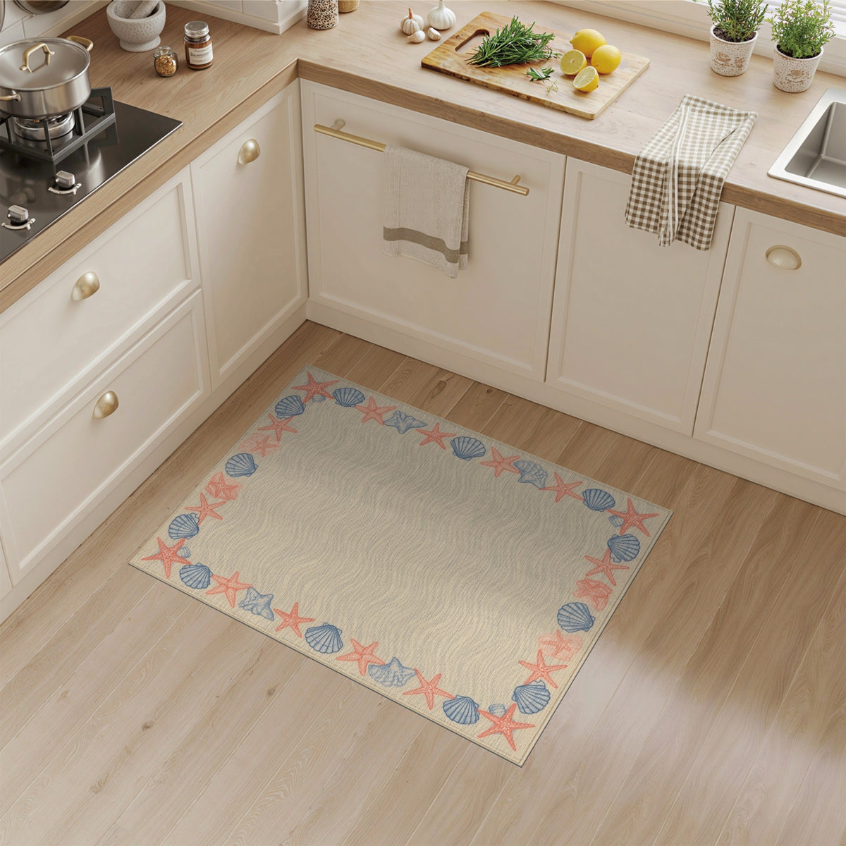 Coastal Beach Beige Coastal Seashell Starfish Area Rug