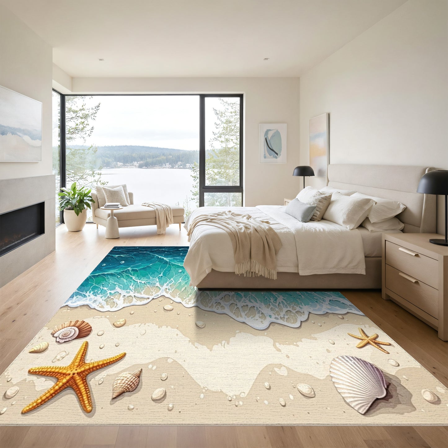 Teal Waves Sandy Beach Seashells Starfish Rug