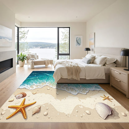Teal Waves Sandy Beach Seashells Starfish Rug