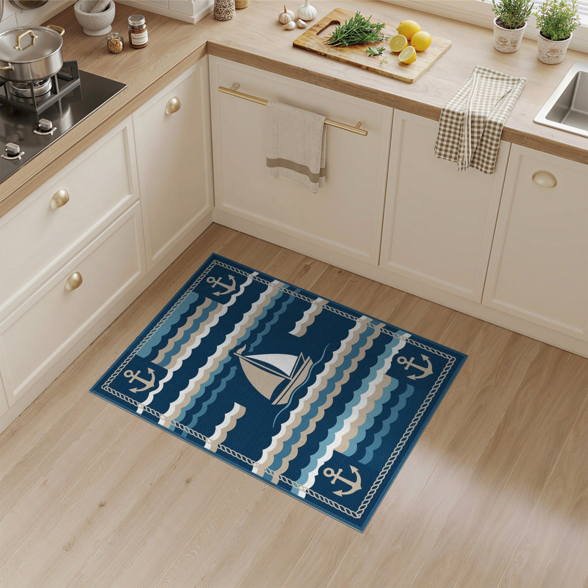 Navy Blue Sailboat Anchor Coastal Area Rug