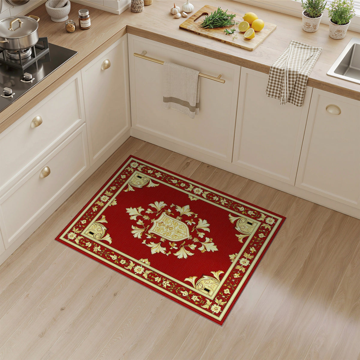 Red Gold Ornate Floral Medallion Rug