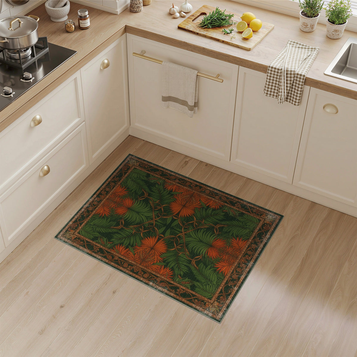 Green Orange Palm Leaf Vintage Area Rug