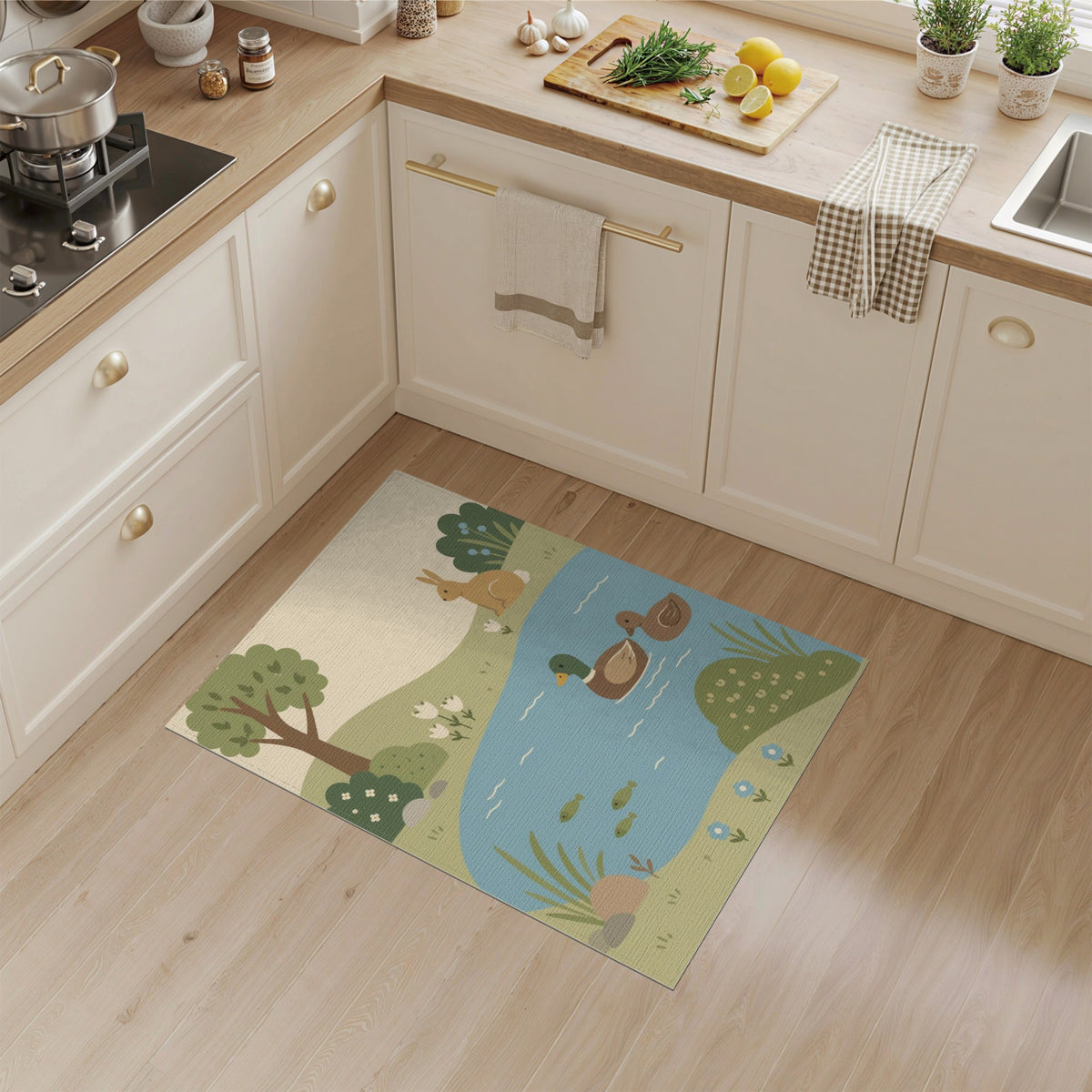 Whimsical Pond Duck Rabbit Kids Area Rug