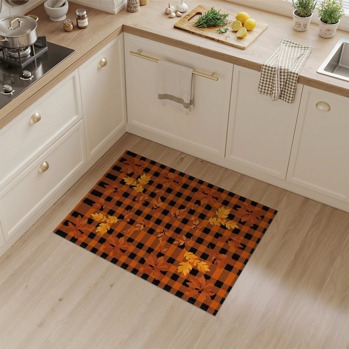Orange Black Plaid Autumn Leaves Area Rug
