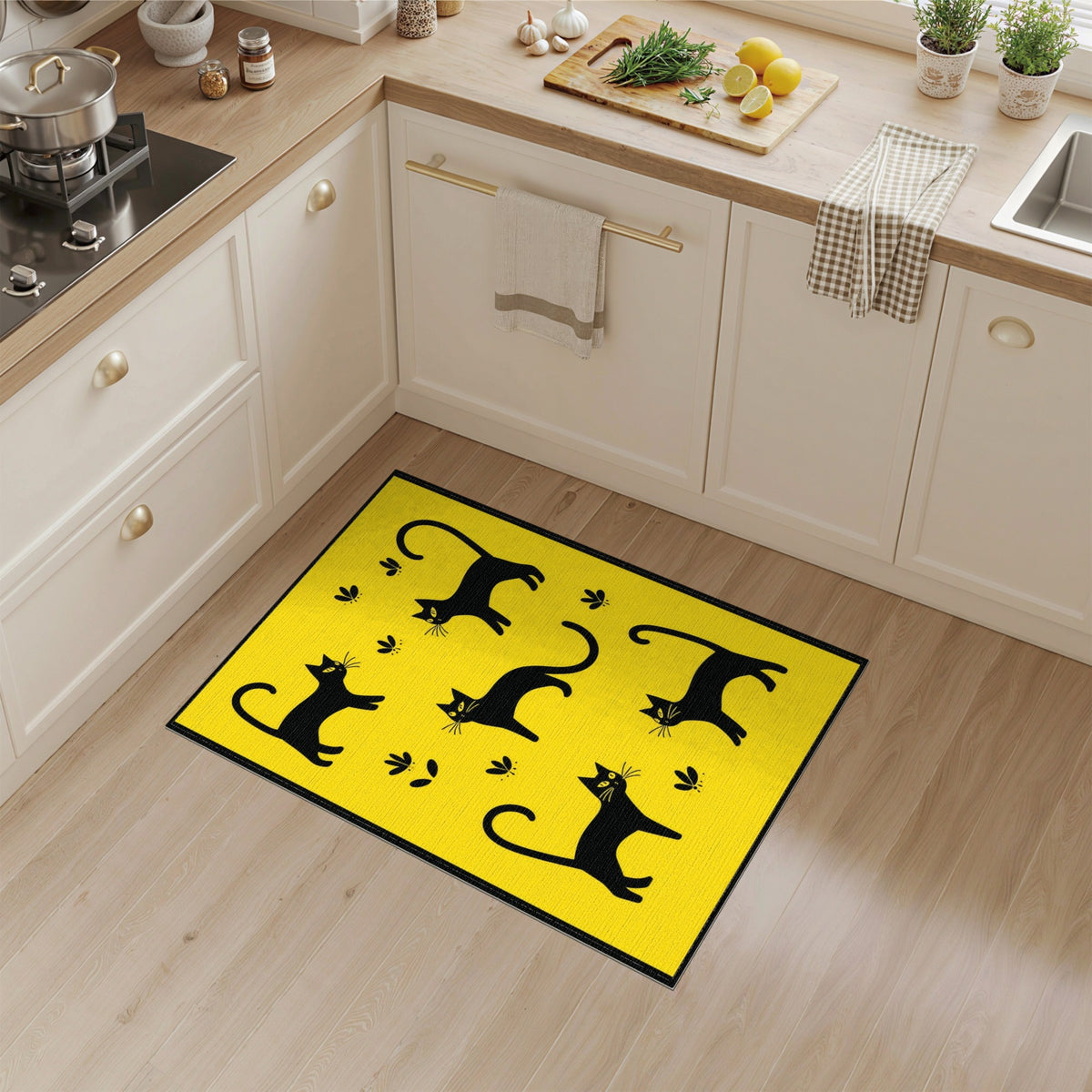 Black Cats and Butterflies Yellow Kids Rug