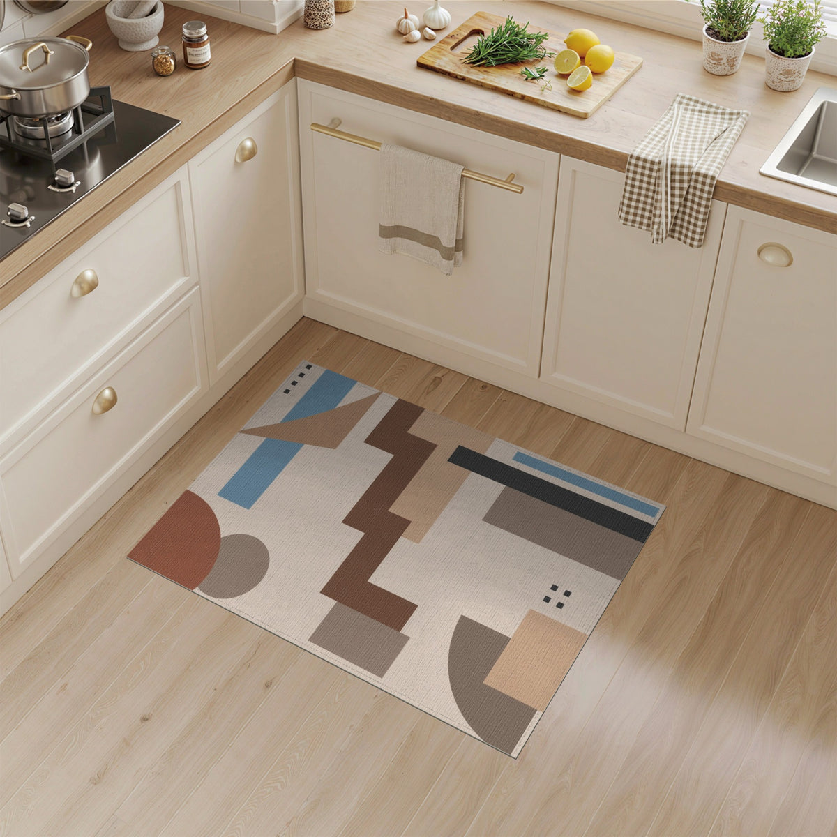 Modern Geometric Beige Area Rug with Brown Steps