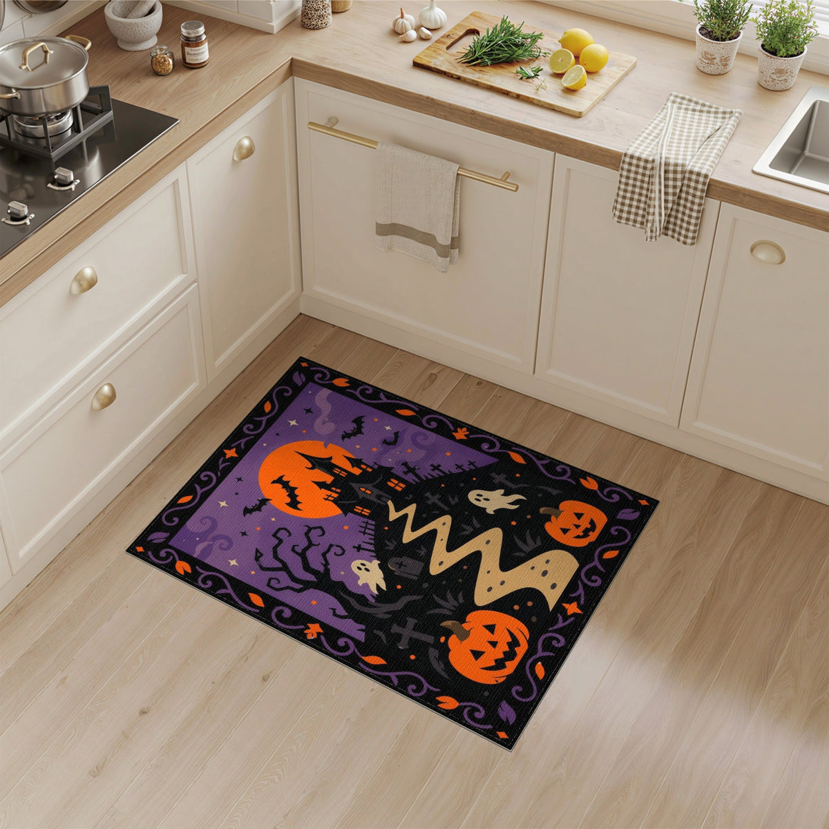Spooky Halloween Haunted House Purple Area Rug