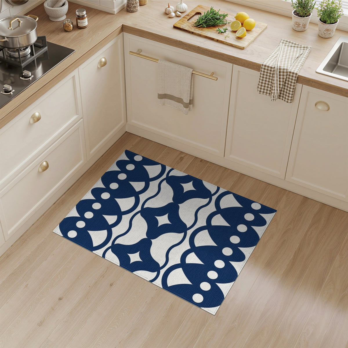 Navy Blue Geometric Scalloped Area Rug