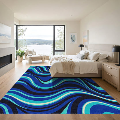 Navy Teal Wavy Abstract Rug