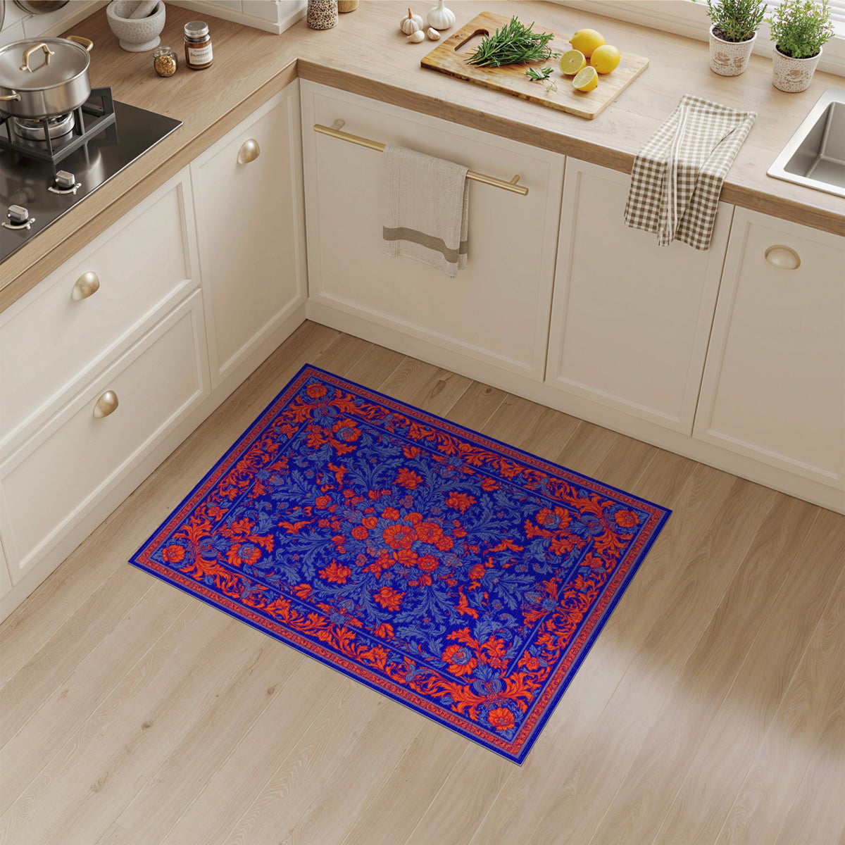 Blue Orange Floral Vintage Area Rug