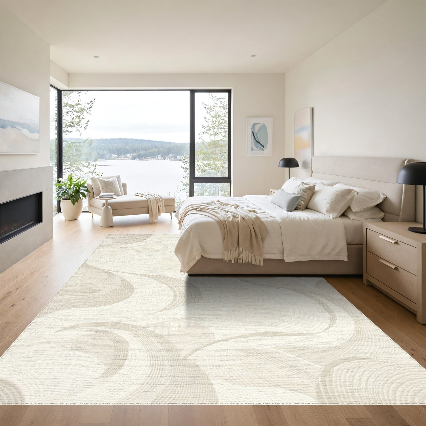 Cream Abstract Wave Swirl Rug