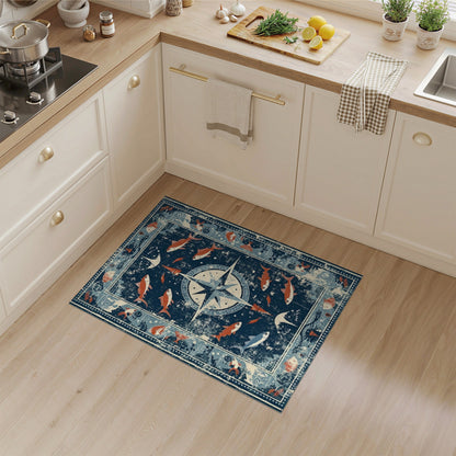 Distressed Nautical Compass Fish Area Rug