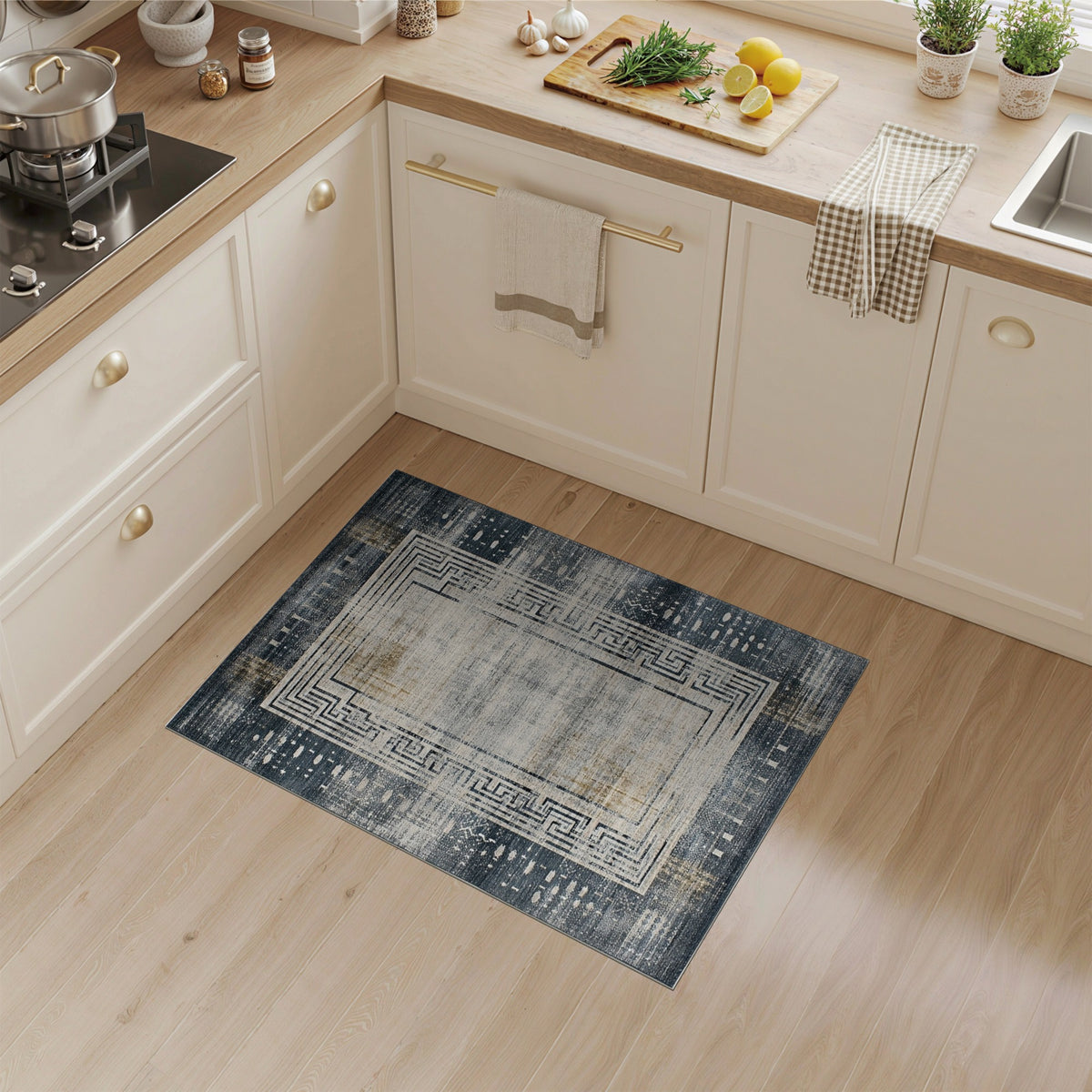 Grey Distressed Vintage Area Rug with Greek Key Border