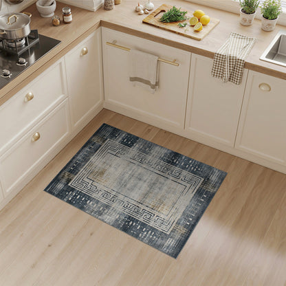 Grey Distressed Vintage Area Rug with Greek Key Border