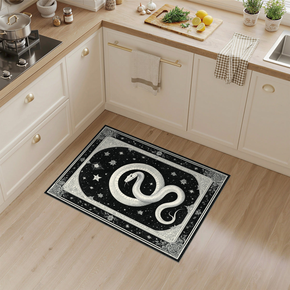 Celestial Snake Black White Area Rug