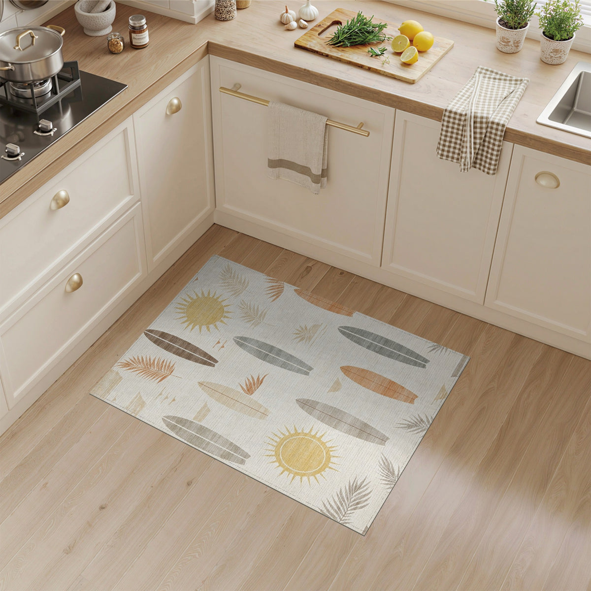 Coastal Surfboard Beige Washable Area Rug