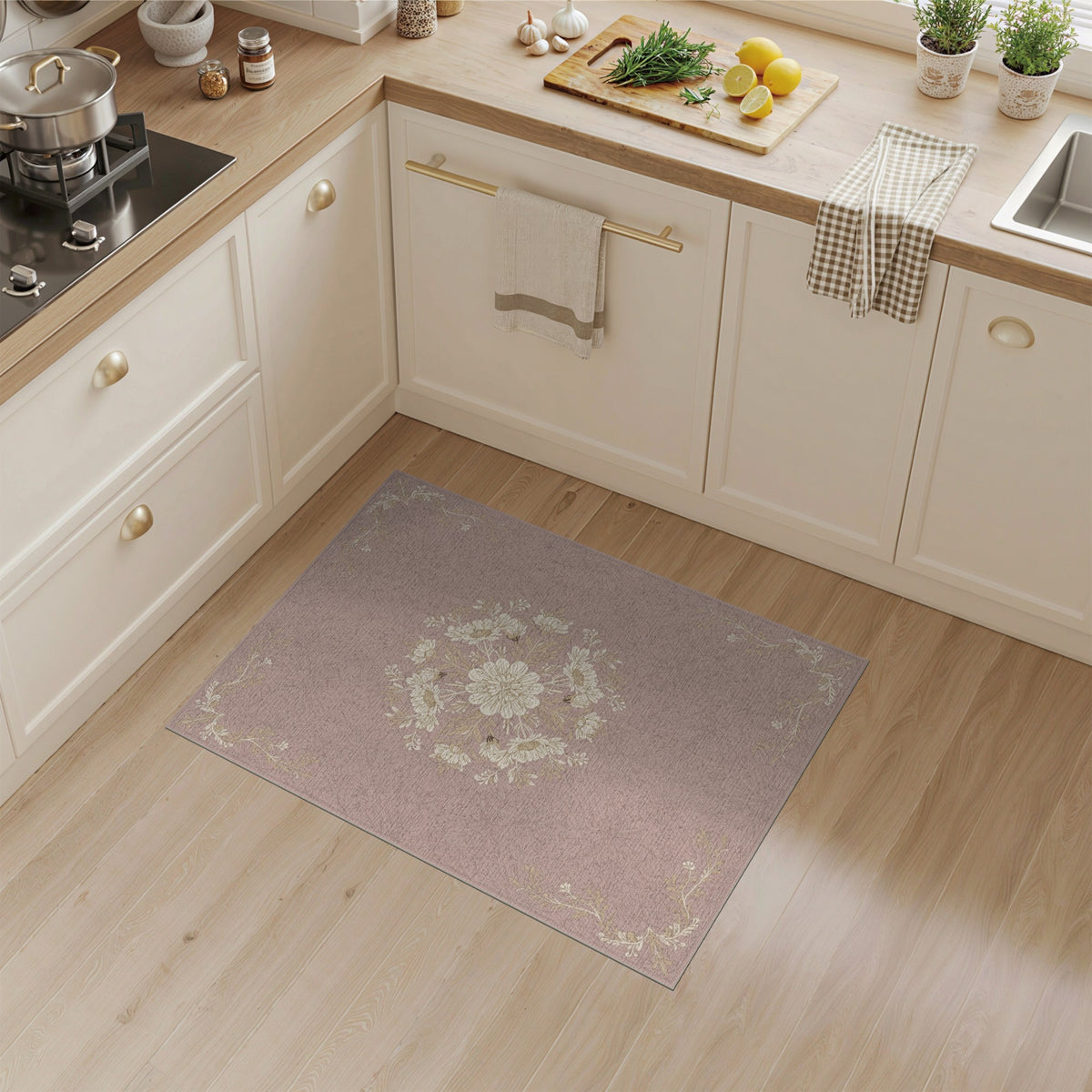 Pink Floral Vintage Area Rug with Medallion