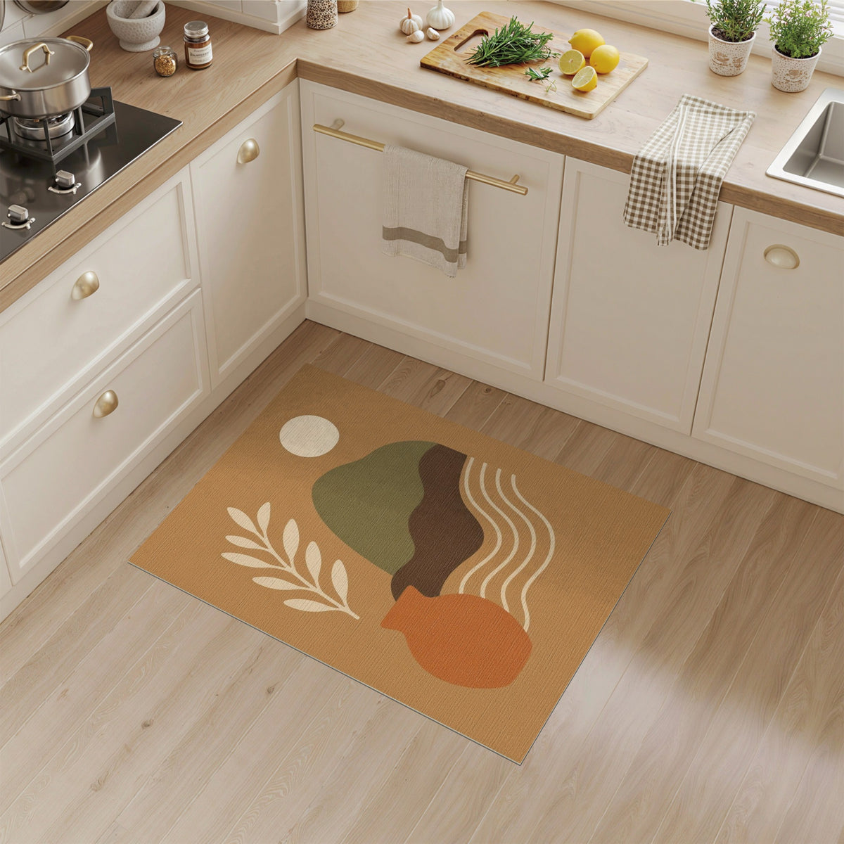Abstract Earth Tone Area Rug with Terracotta Vase