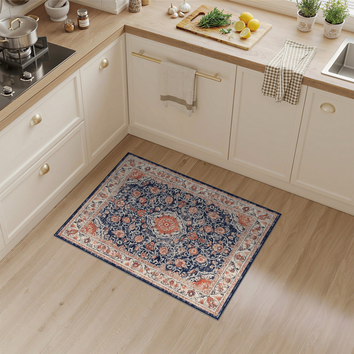 Distressed Blue Floral Medallion Area Rug