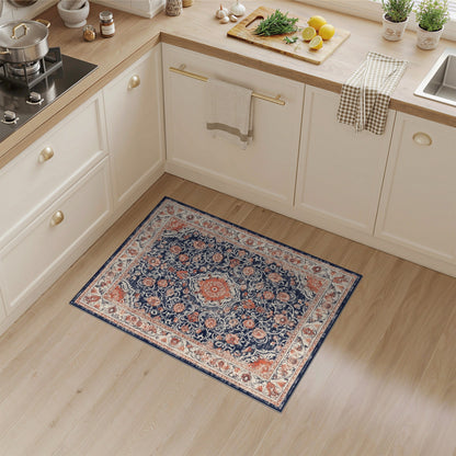 Distressed Blue Floral Medallion Area Rug