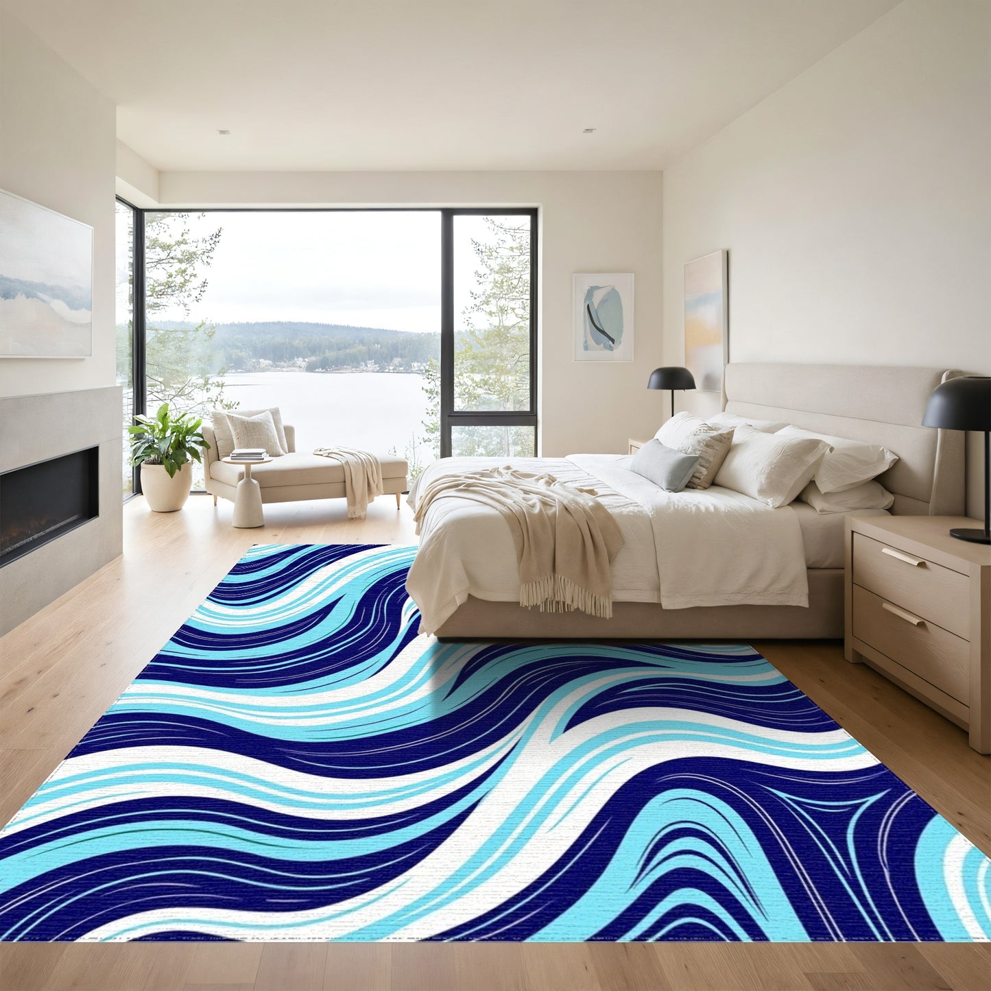Navy Teal Fluid Wave Rug