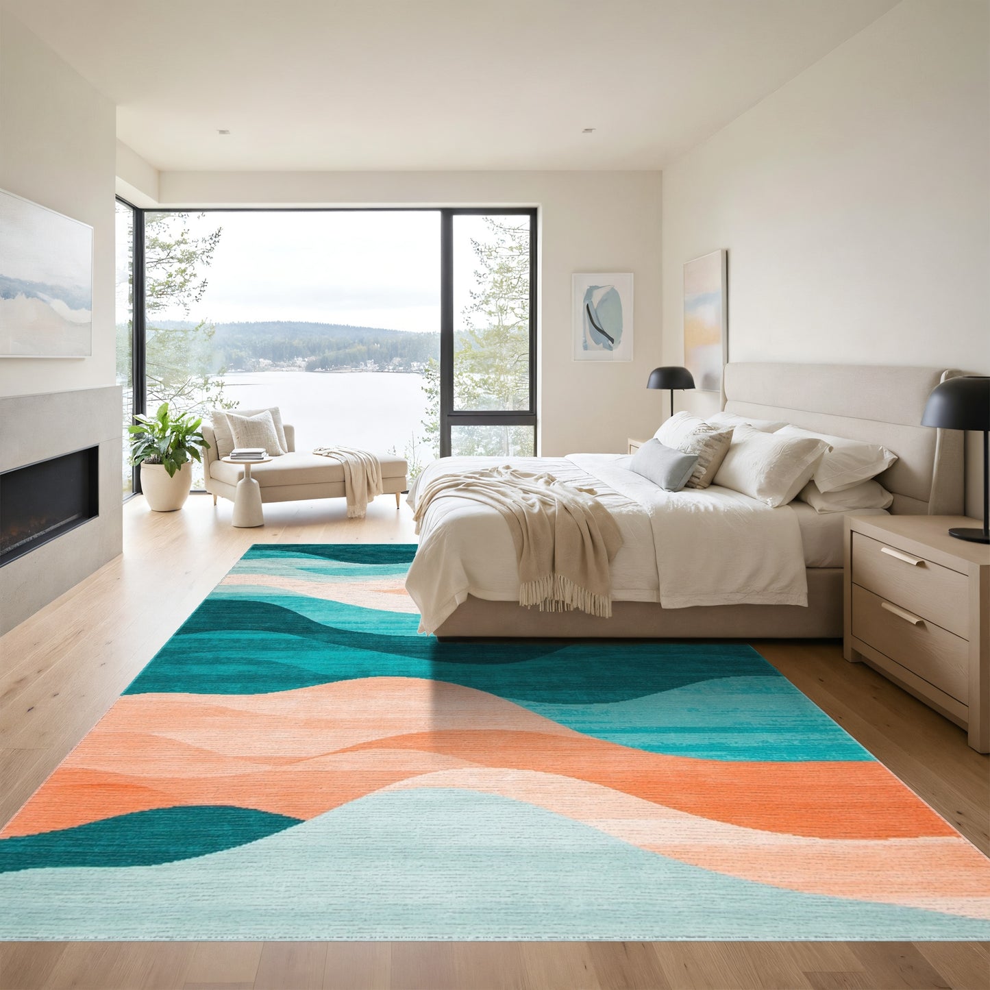 Teal Peach Wavy Layered Rug
