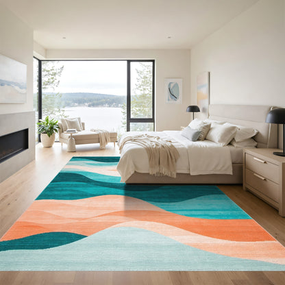Teal Peach Wavy Layered Rug