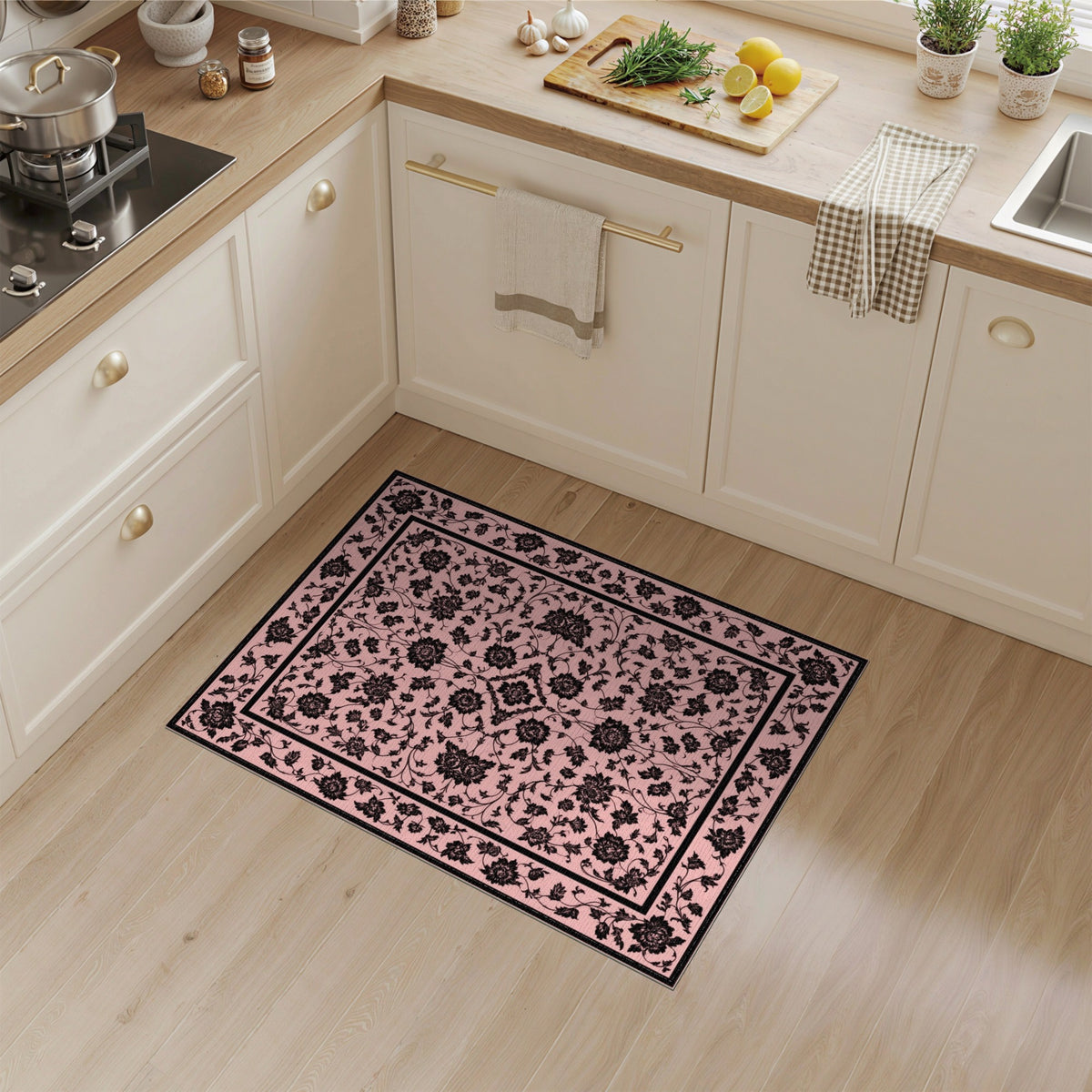 Pink Black Floral Vintage Area Rug