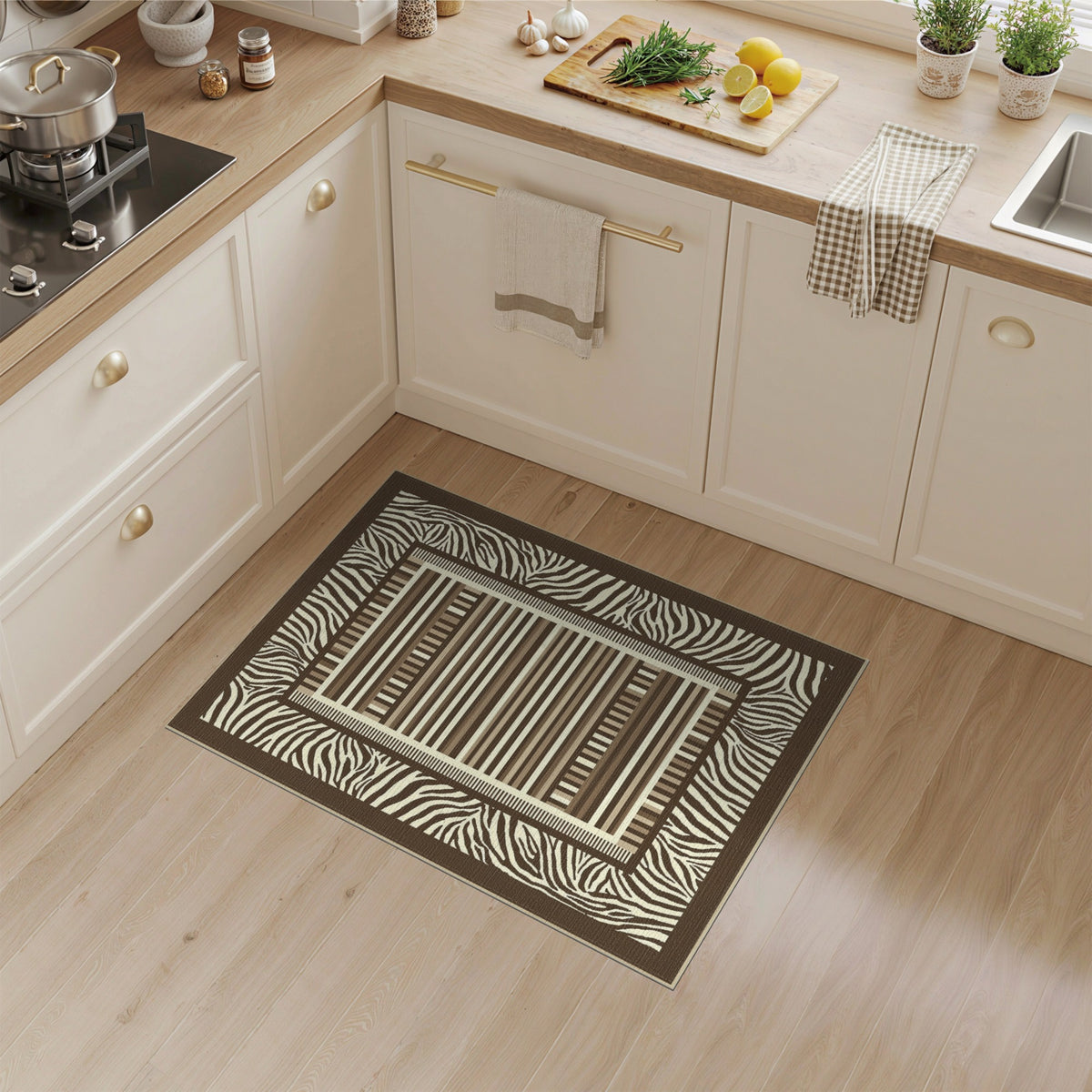 Brown Zebra Border Geometric Striped Area Rug