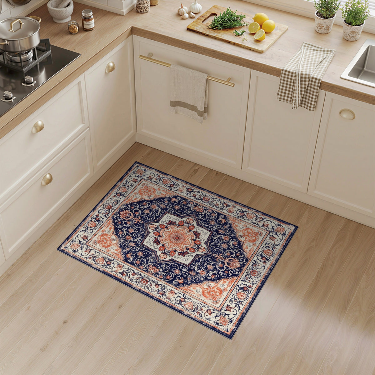 Navy Blue Floral Persian Area Rug